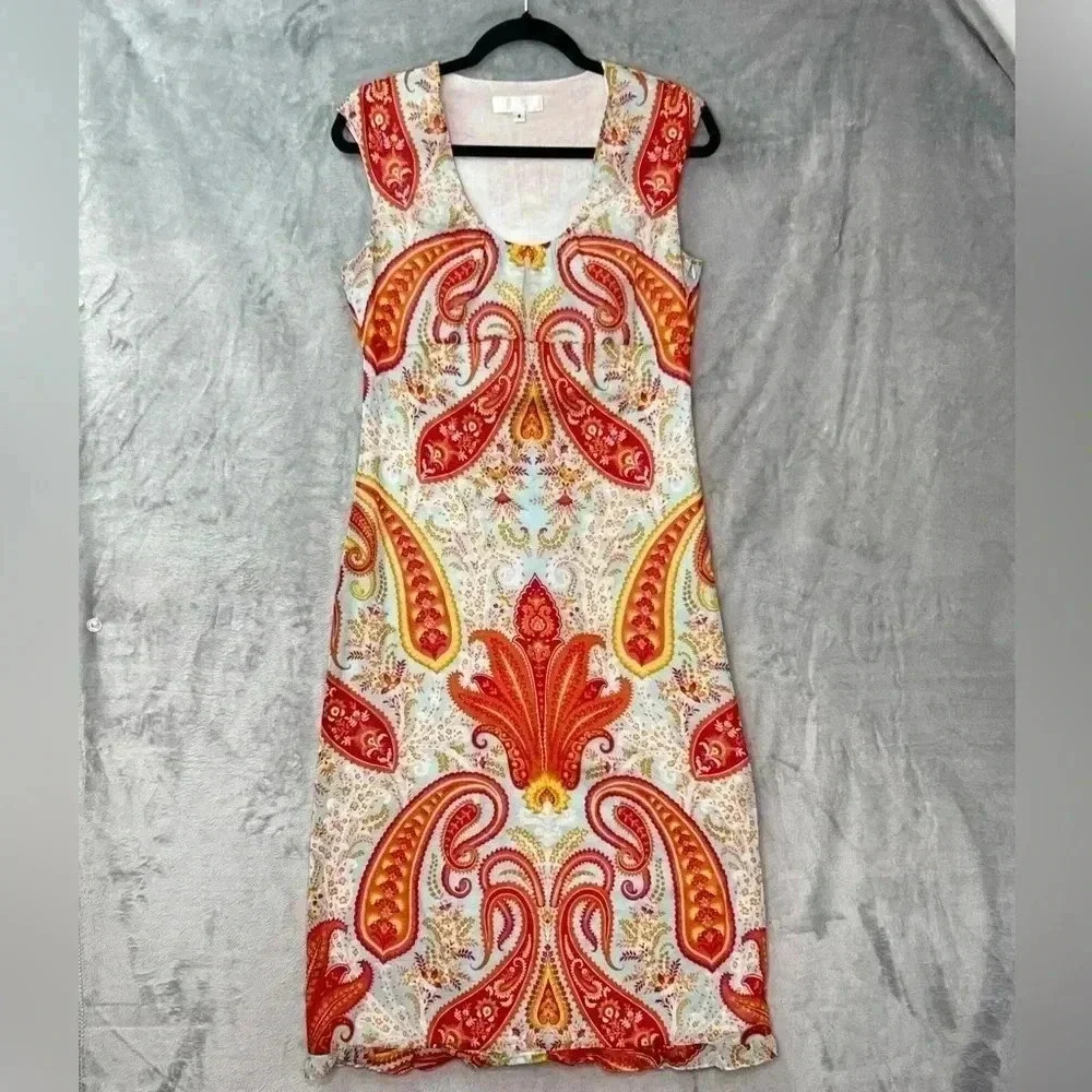 Jill‎ Stuart Midi Dress Paisley Print Sleeveless Scoop Neck Ruffle Hemline Sz 8